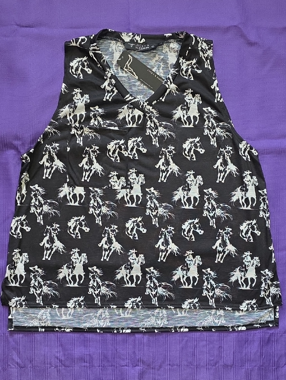 Lucky & Blessed Black and White Horse Print V-Neck Top